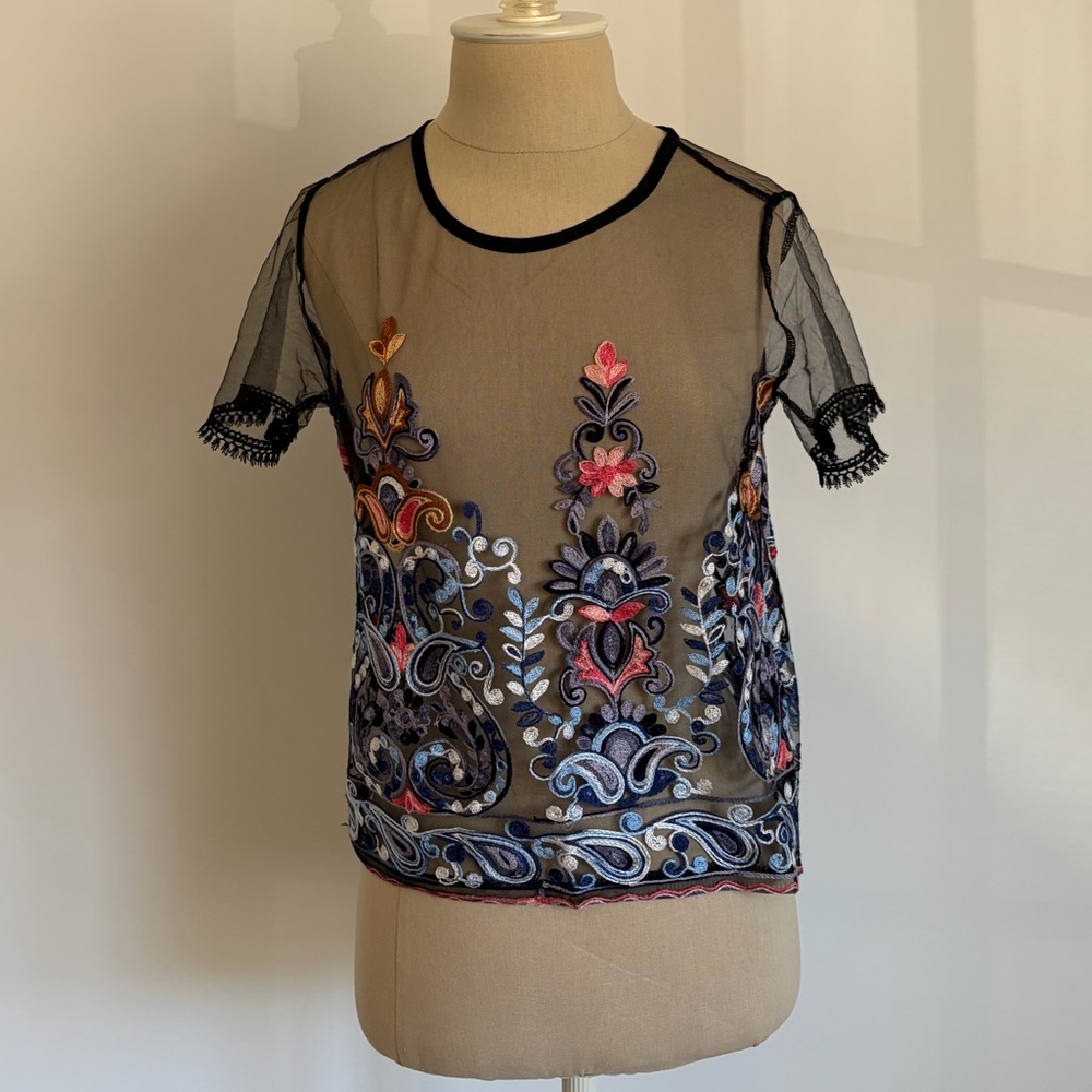 Shein Top Navy Paisley Sheer Embroidered S